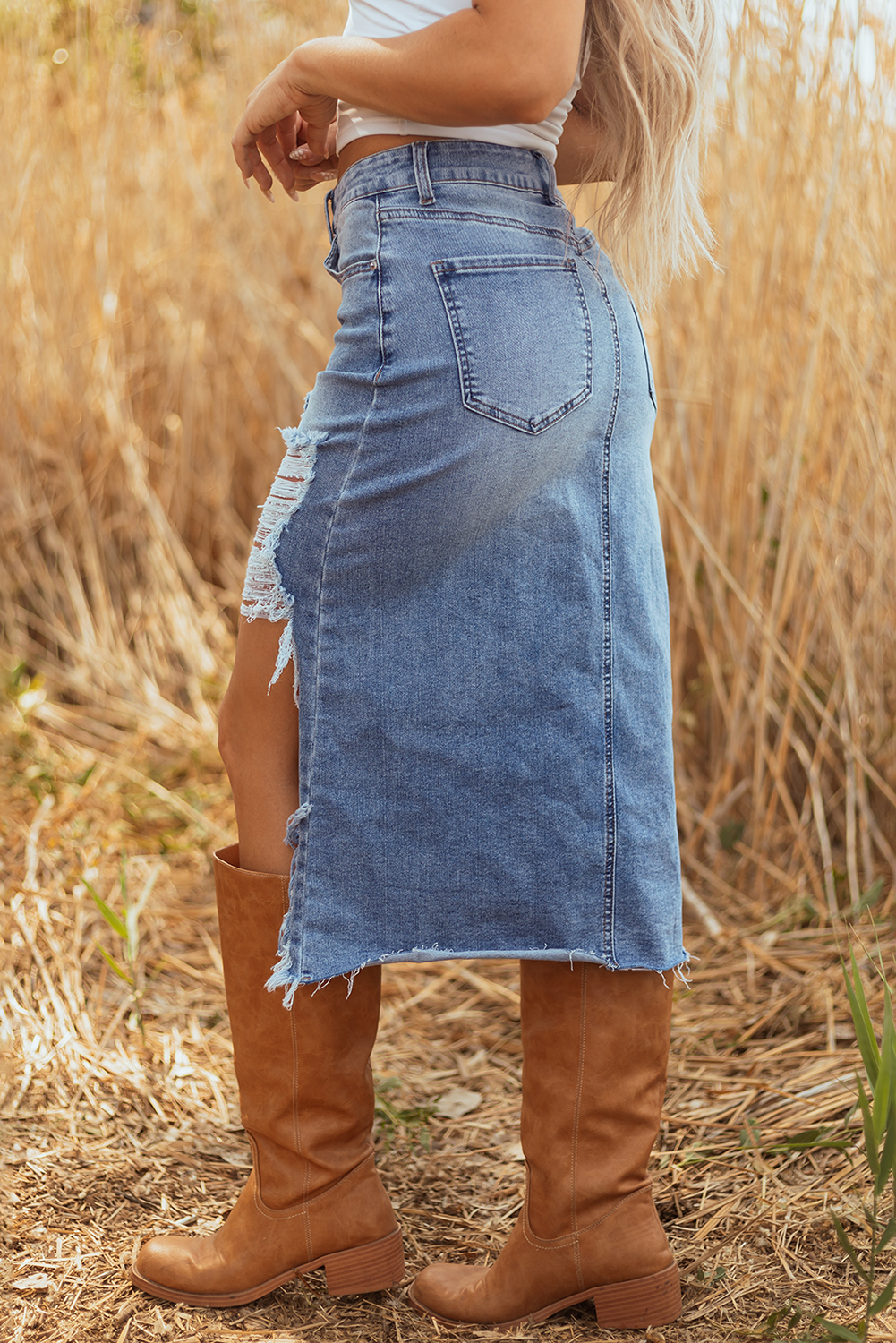 Sail Blue Dearlove Irregular Distressed Bottom Denim Midi Skirt
