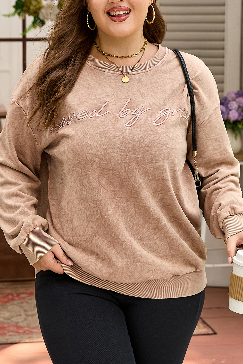 DUNE saved by grace Letter Embroidery Mineral Wash Loose Sweatshirt