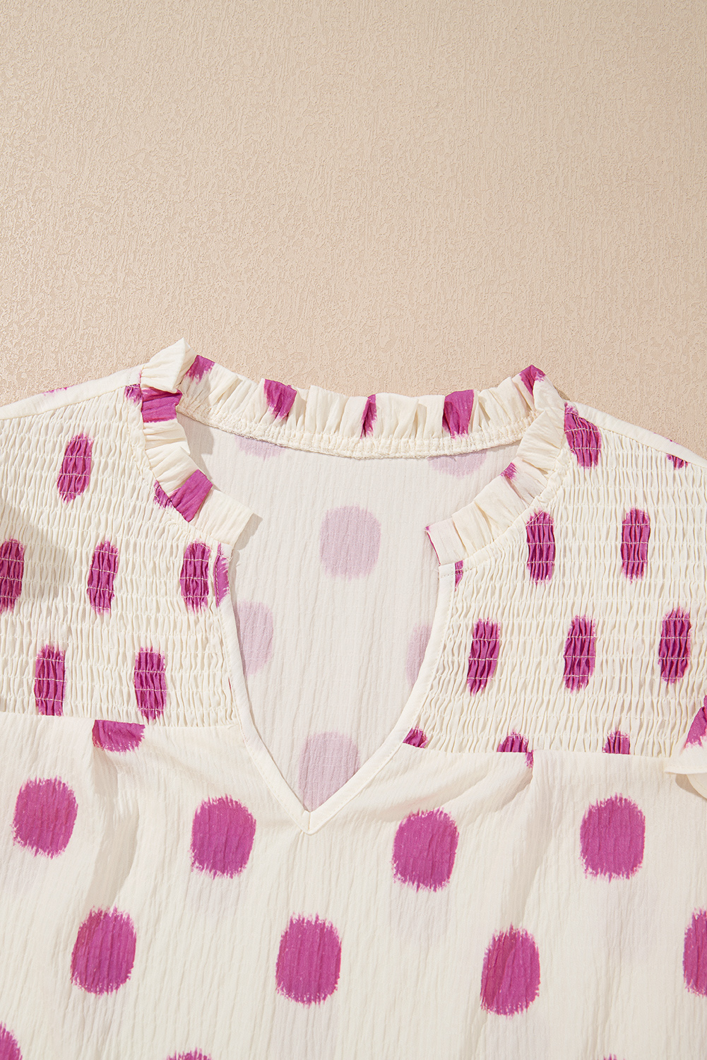 Black Polka Dot Print Shirred Yoke Notched Neck Balloon Sleeve Blouse