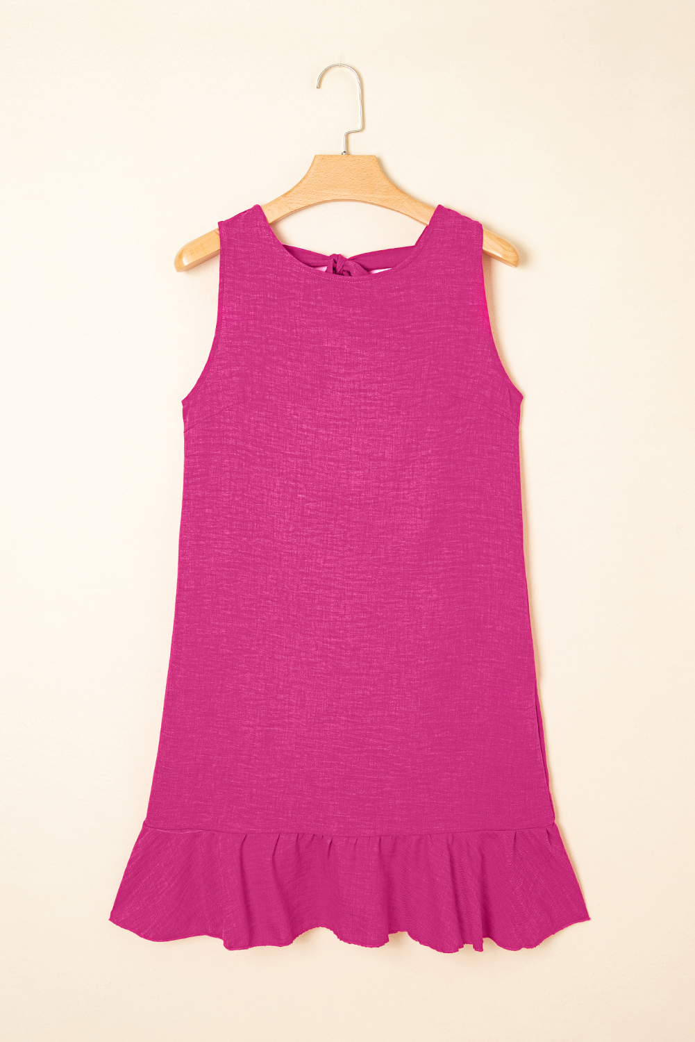 Bright Pink Knot Scoop Back Ruffle Hem Sleeveless Mini Dress