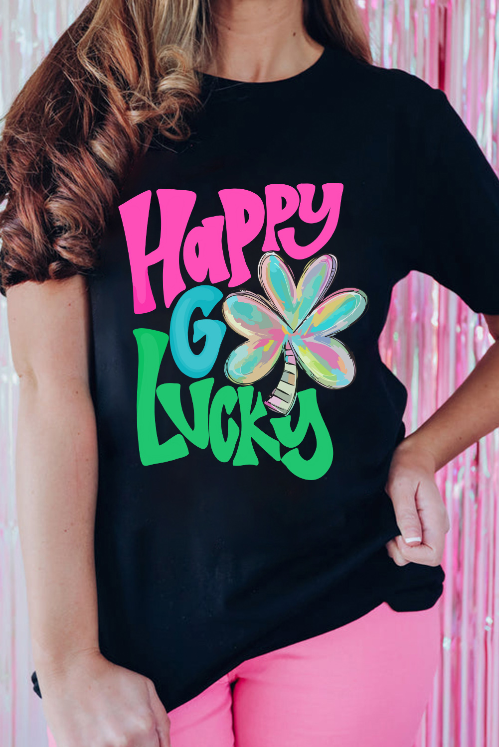Black St. Patricks Lucky Clover Print O Neck T Shirt