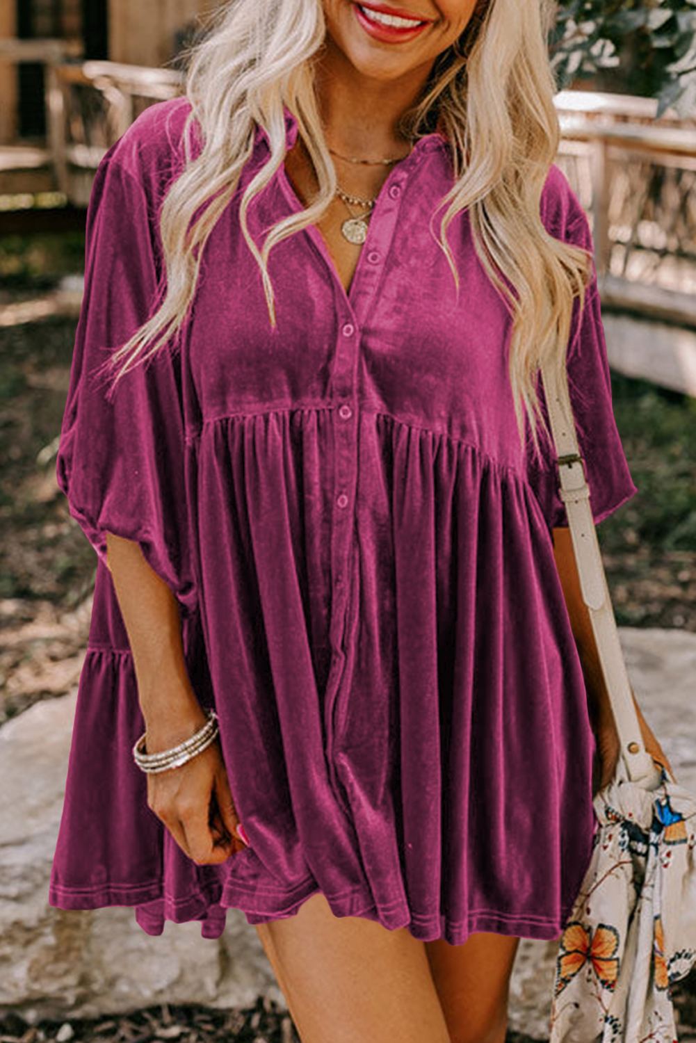 Burgundy 3/4 Sleeve Tunic Babydoll Velvet Shirt