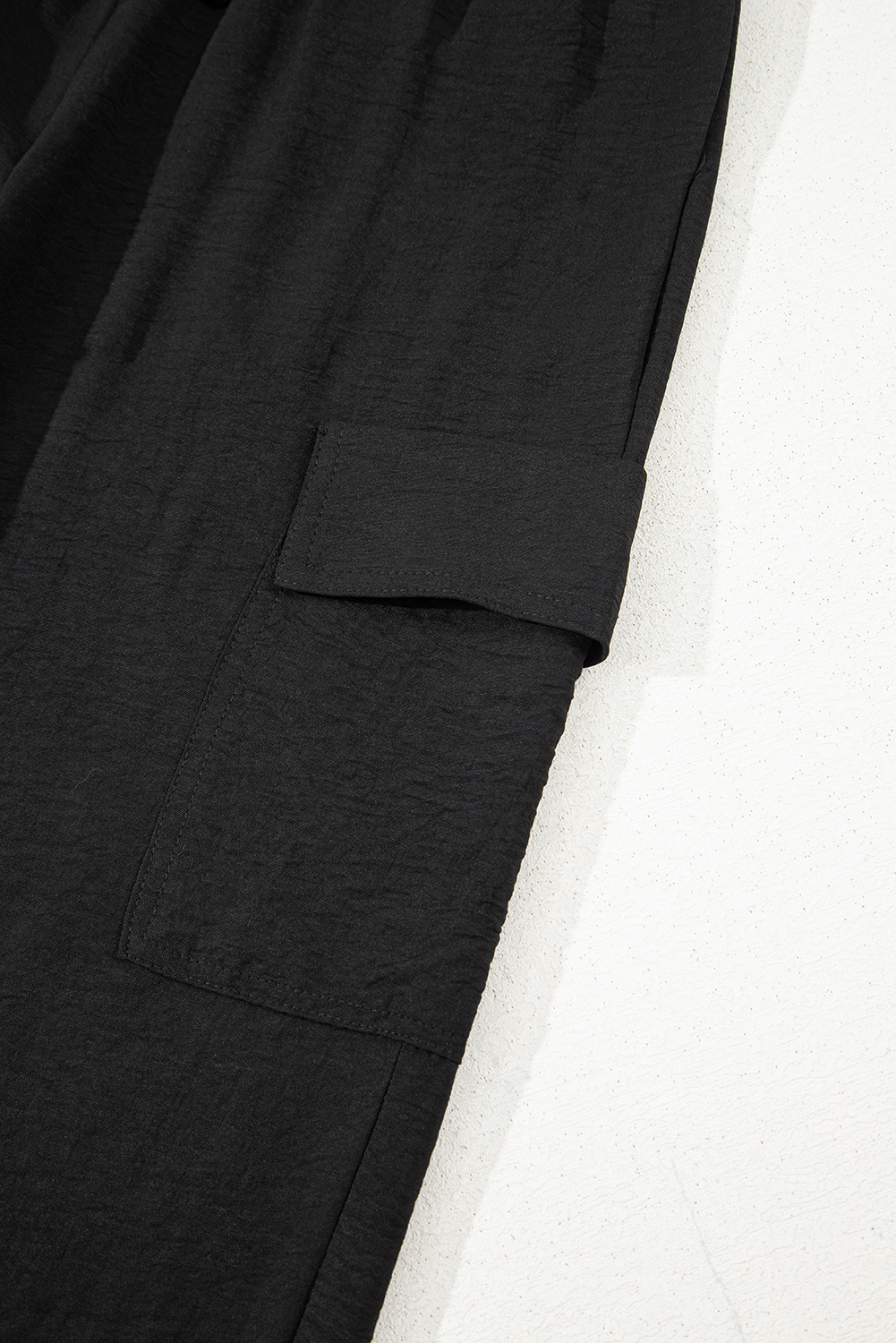 Black Drawstring Frilled Elastic Waistband Wide Leg Utility Trousers
