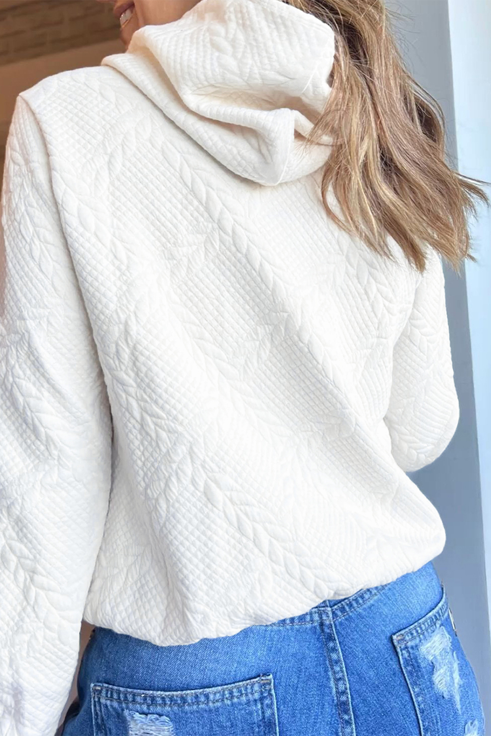 White Cable Lattice Texture Kangaroo Pocket Hoodie