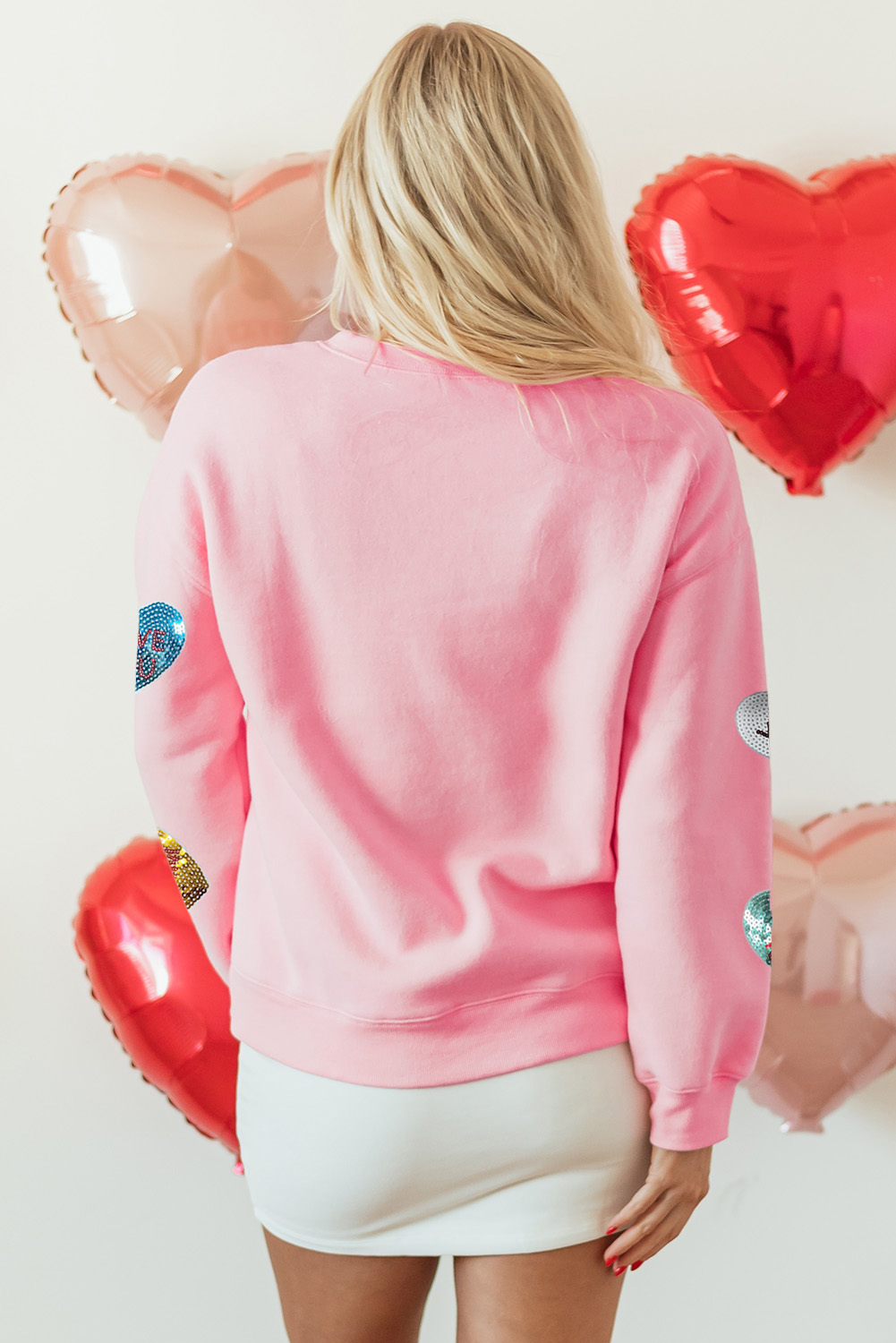 Pink Sequin Valentines Lettering Heart Patched Crewneck T Shirt