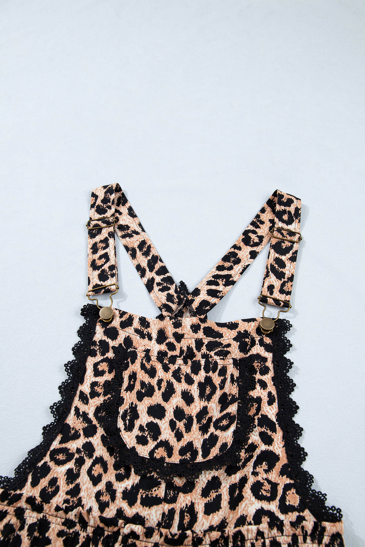 Khaki Cheetah Printed Contrast Lace Detail Ruffled Wide Leg Jumpsuit