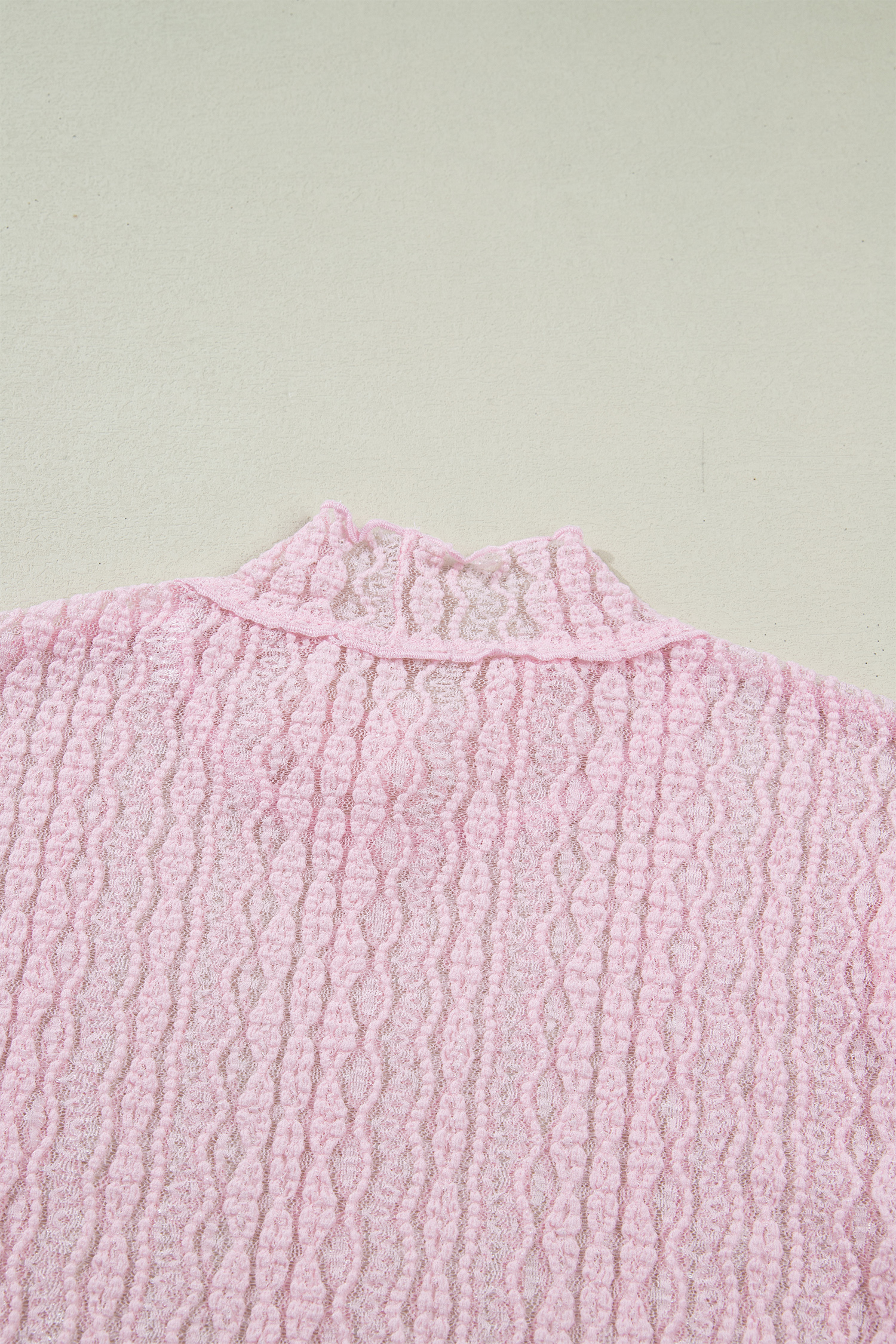 Apricot Flounced Long Sleeve Mock Neck Sheer Lace Top