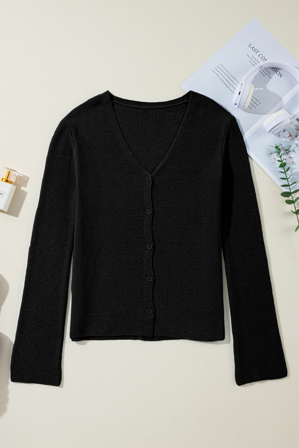 Moss Green Lightweight Ribbed Knit Button Front V Neck Cardigan