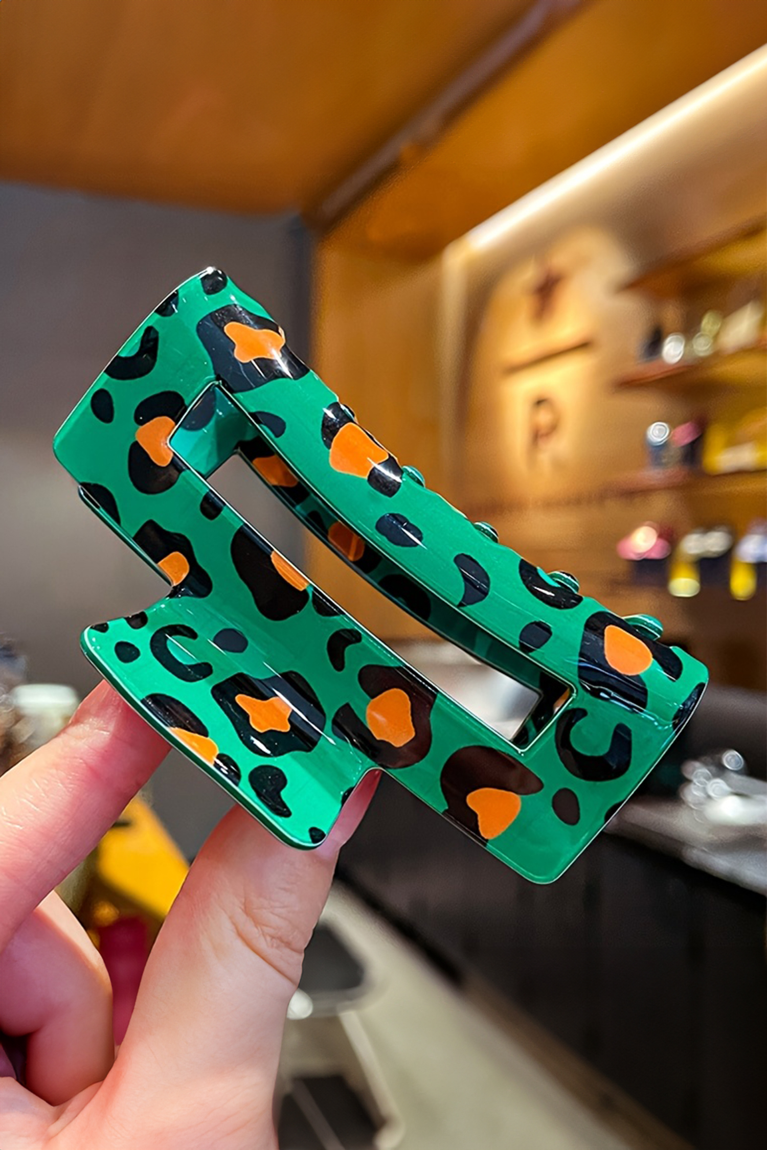 Dark Green Leopard Print Square Hollowed Plastic Hair Claw Clip