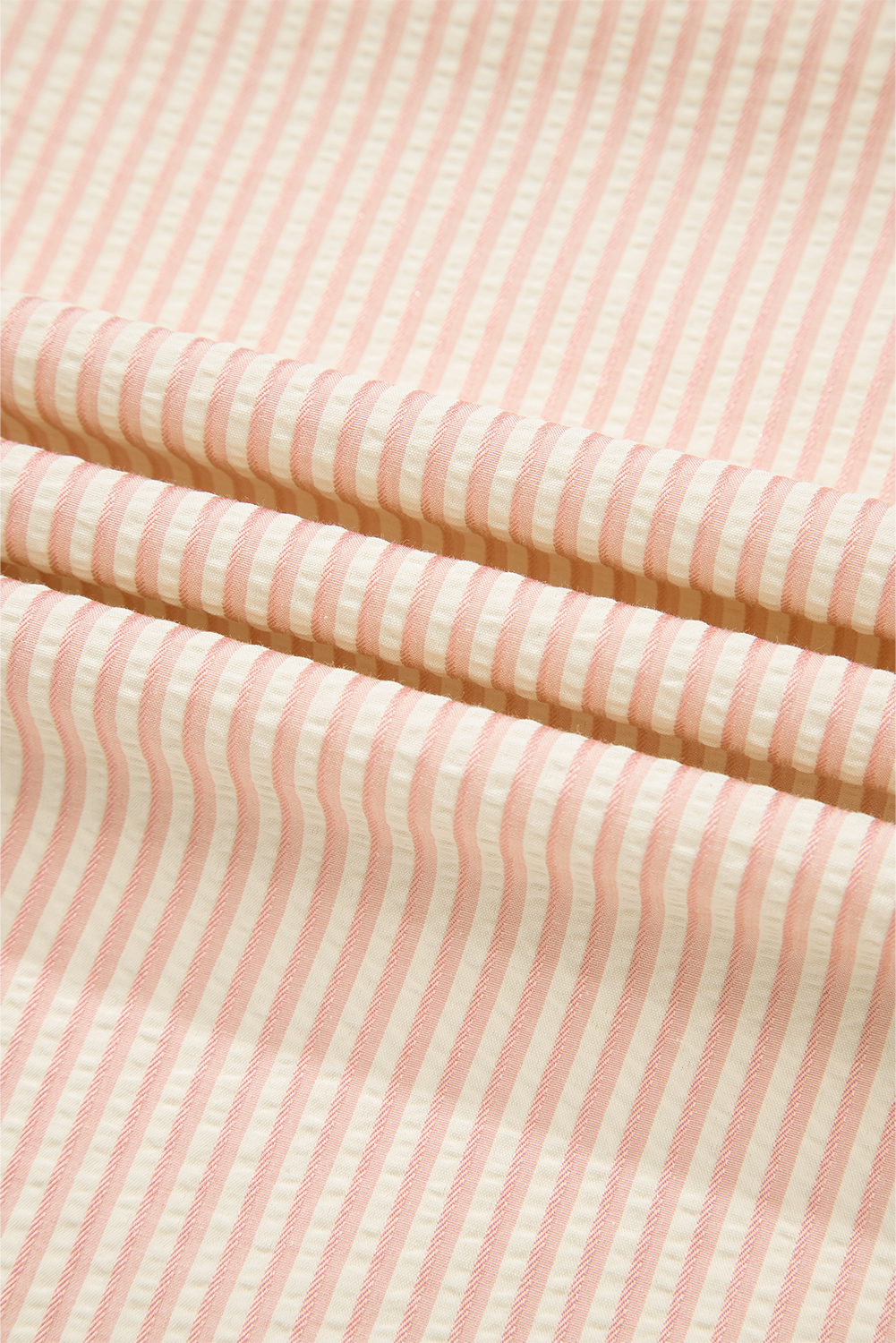 Pink Stripe Bow Knot Cuff Pearl Embellished Puff Sleeve V Neck Blouse