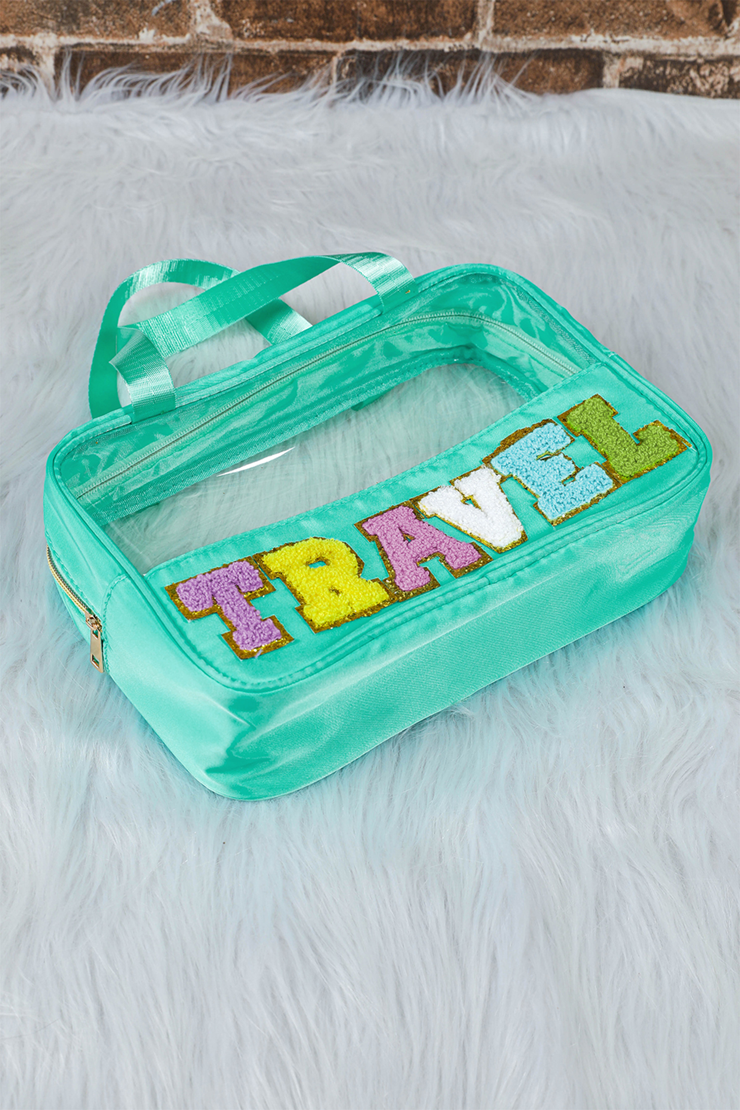 Light Pink TRAVEL Chenille Letter Clear PVC Makeup Bag