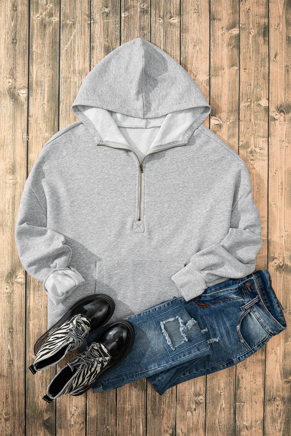 Bonbon Fleece Lined Half Zipper Kangaroo Pockets Loose Hoodie