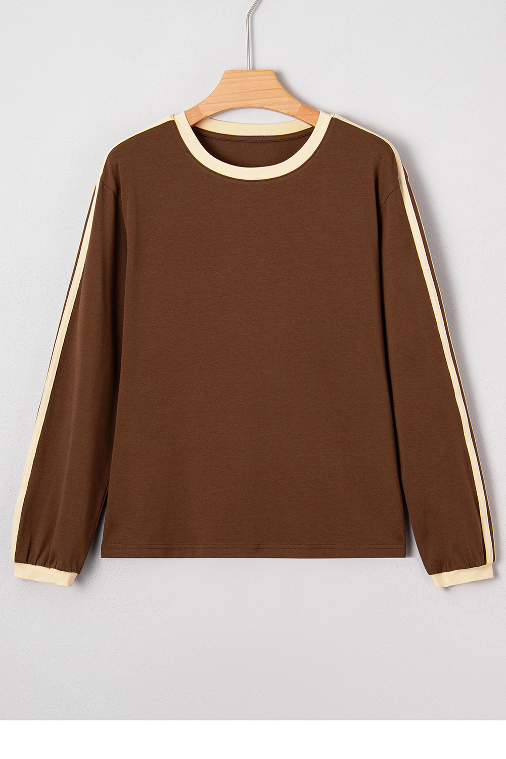 Dark Brown Varsity Striped Accent Contrast Crew Neck Long Sleeve T Shirt