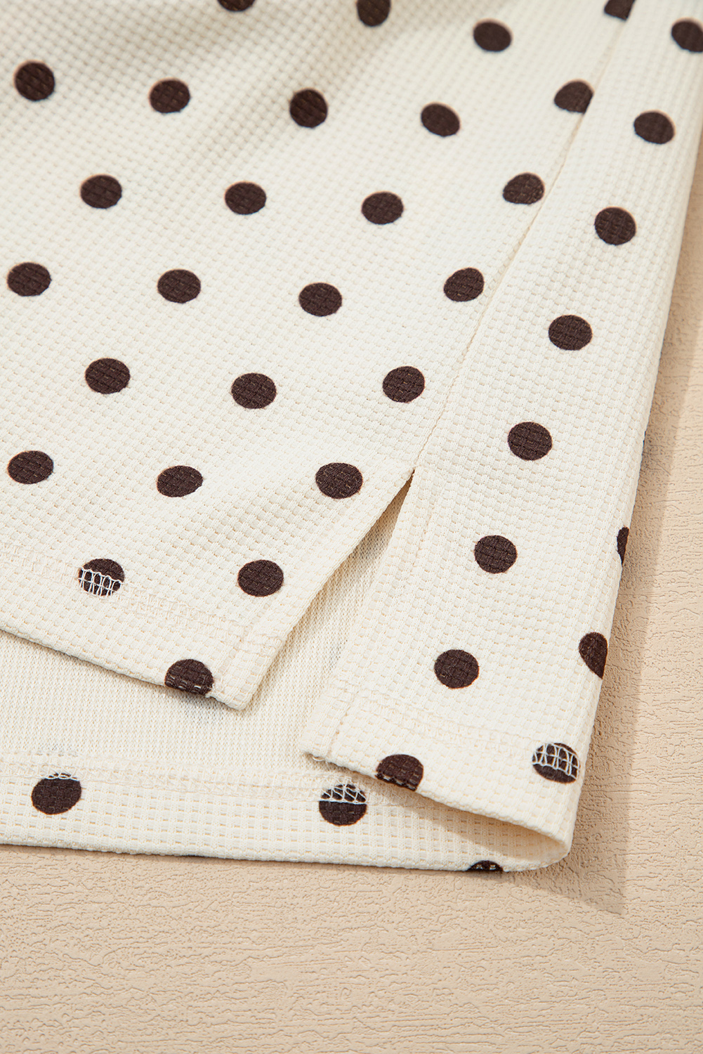 White Polka Dot Print Notched Neck Long Sleeve Top Drawstring Jogger Pants Waffle Knit Lounge Set