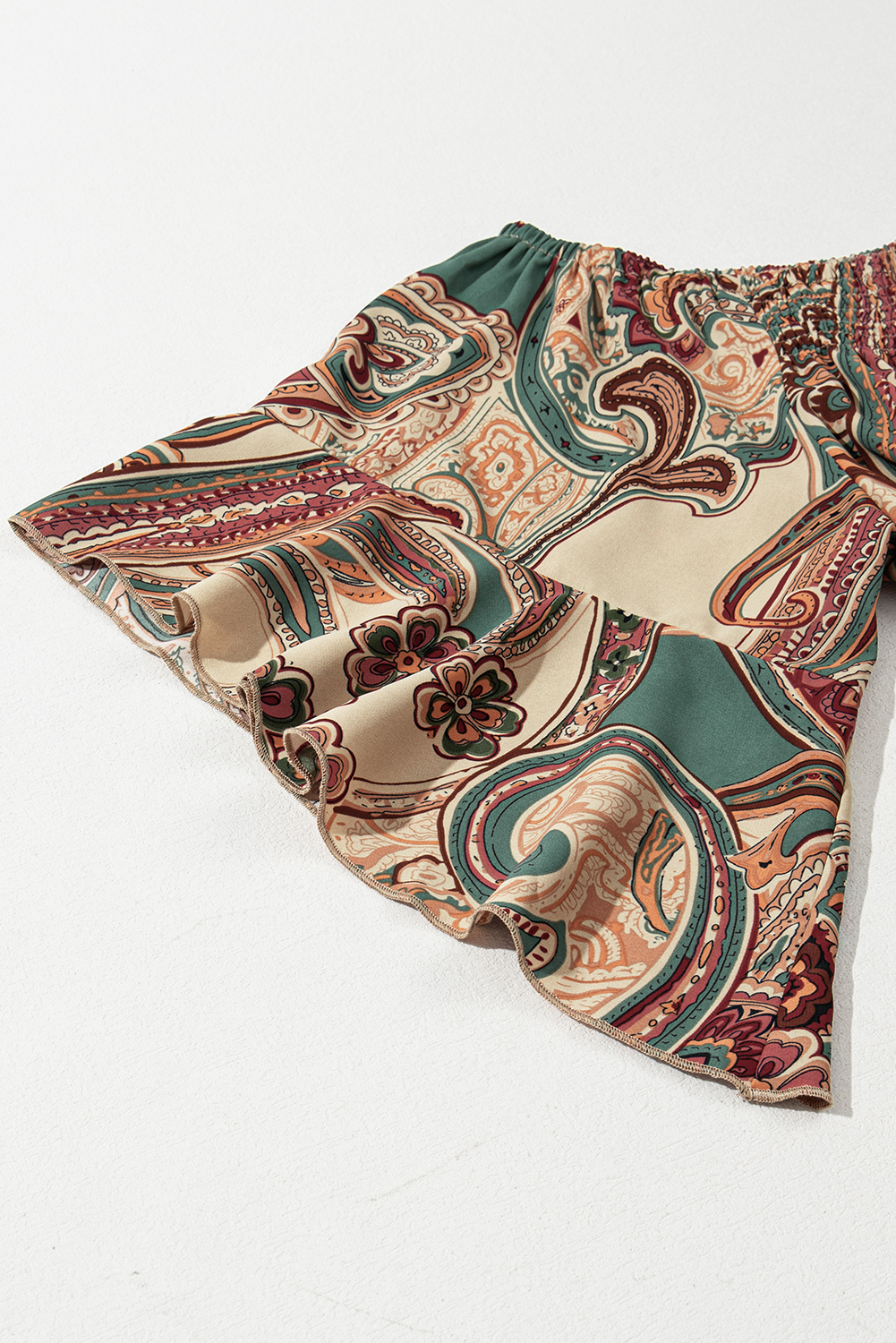 Apricot Paisley Printed Shirred Off Shoulder Ruffled Draped Sleeve Blouse