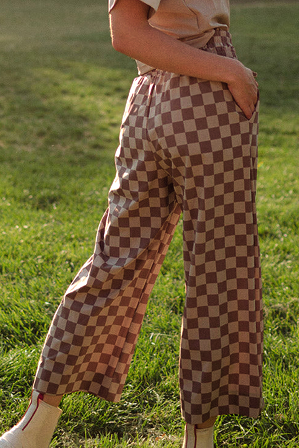 Khaki Checkered Elastic High Waist Loose Casual Pants
