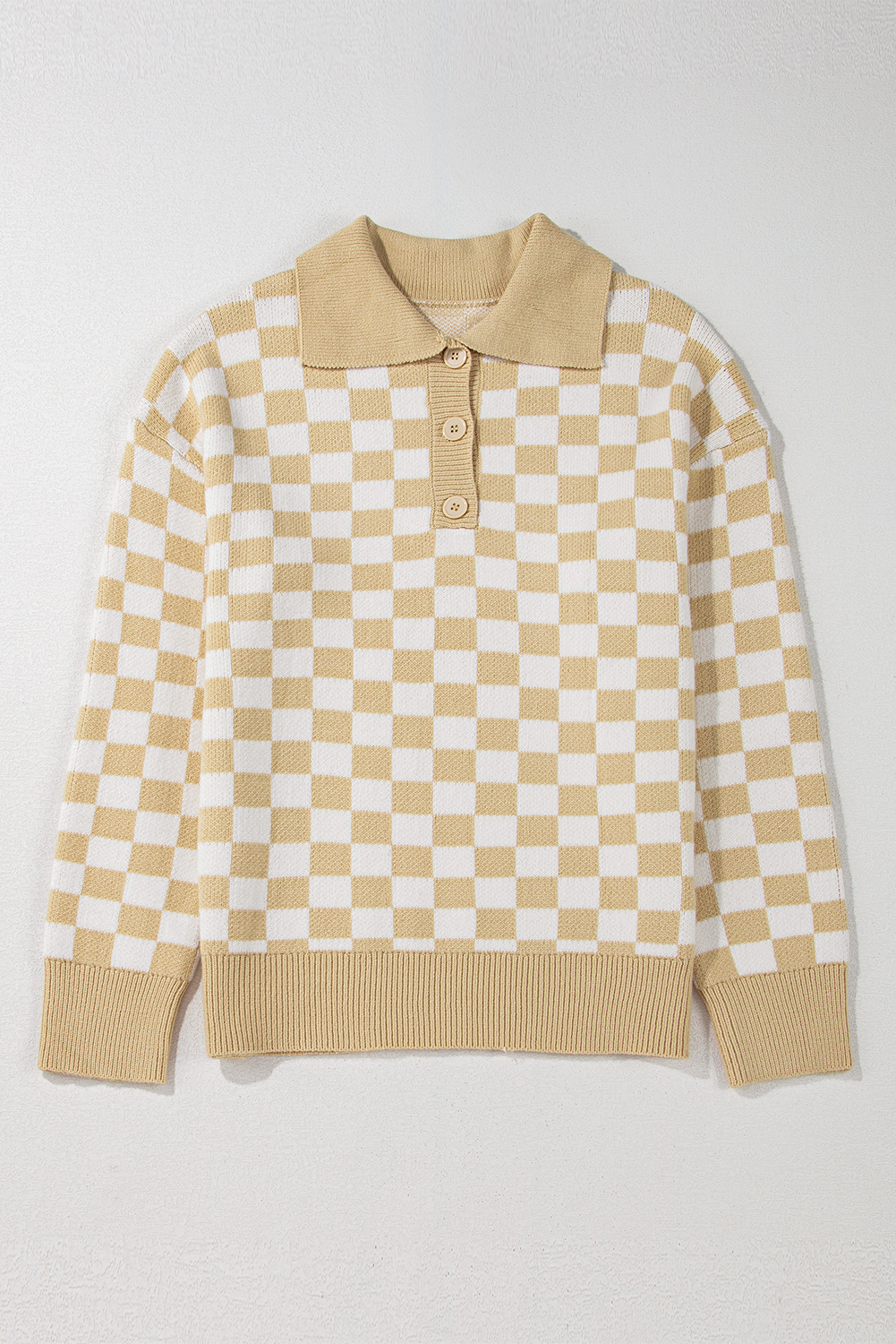 Pink Checkered Buttons Collar V Neck Drop Shoulder Sweater