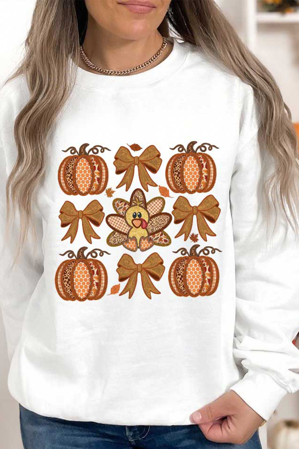 White Cute Turkey Fall Pumpkin Bow Print Drop Shoulder Sweatshirt