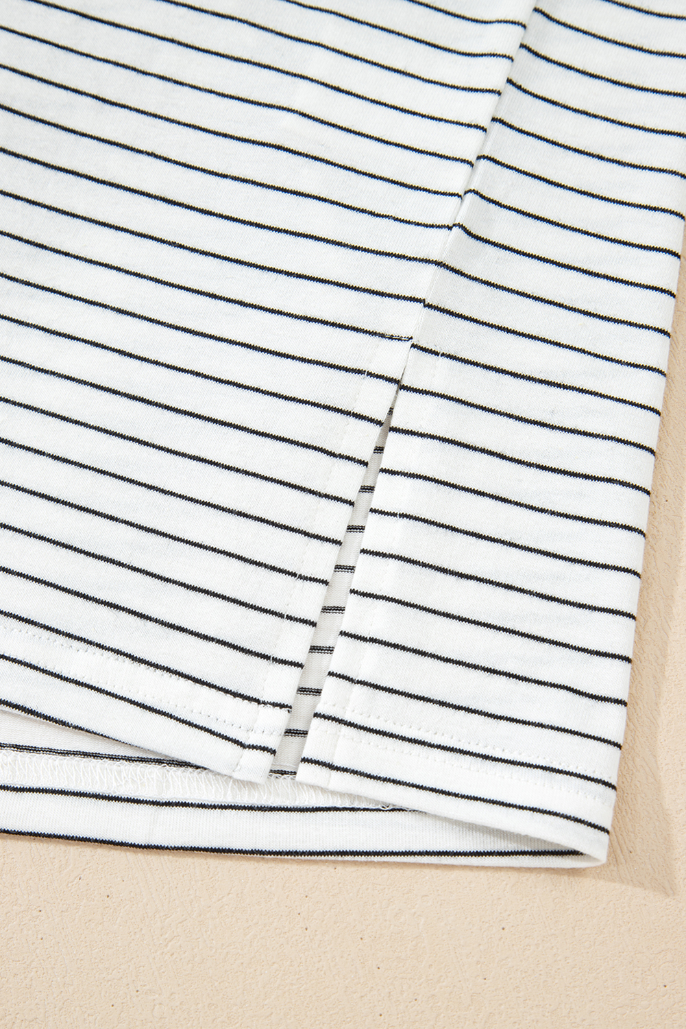 White Stripe Cap Sleeve Crew Neck Casual Tee with Chest Pocket