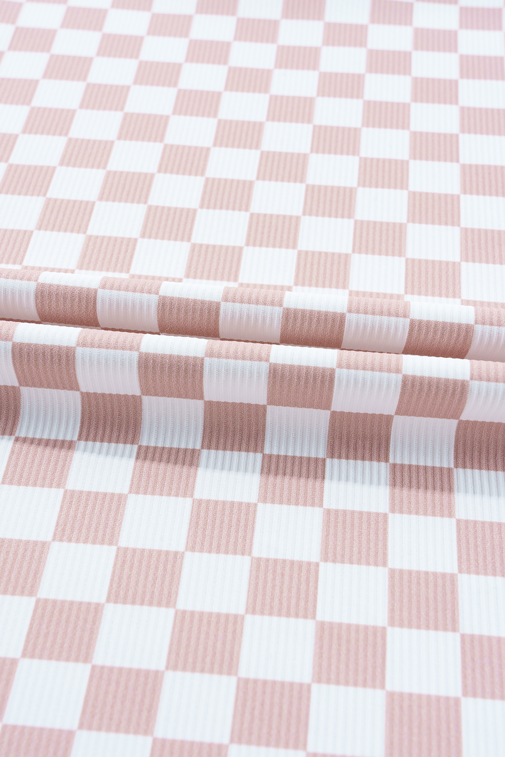 Pink Checkered Ribbed Slim Fit Crew Neck T Shirt