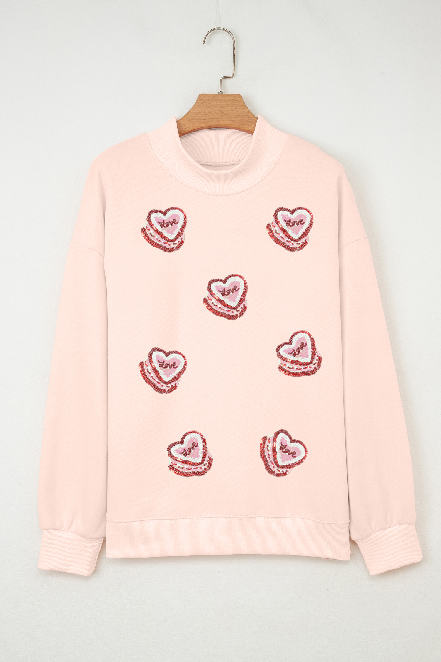 Apricot Pink Sequin Heart Patched Love Cake Mock Neck Sweatshirt
