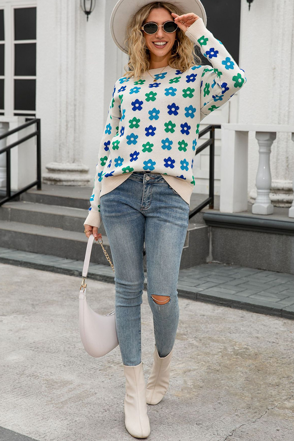 Apricot Cute Flower Allover Ribbed Trimmed Drop Shoulder Pullover Sweater