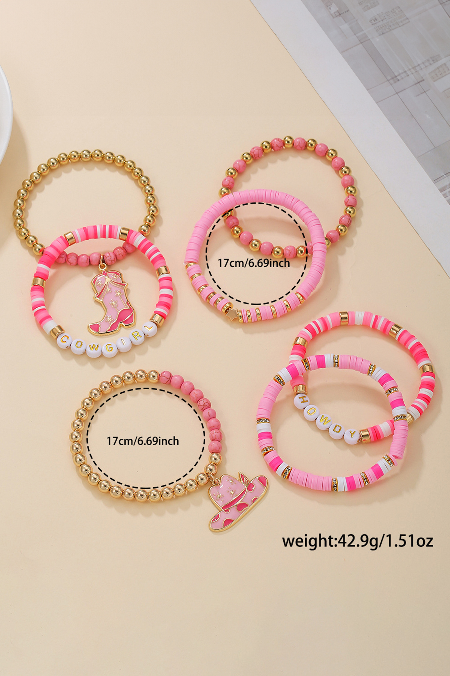 Pink 7pcs HOWDY COWGIRL Hat Boot Beaded Stretch Bracelet Set