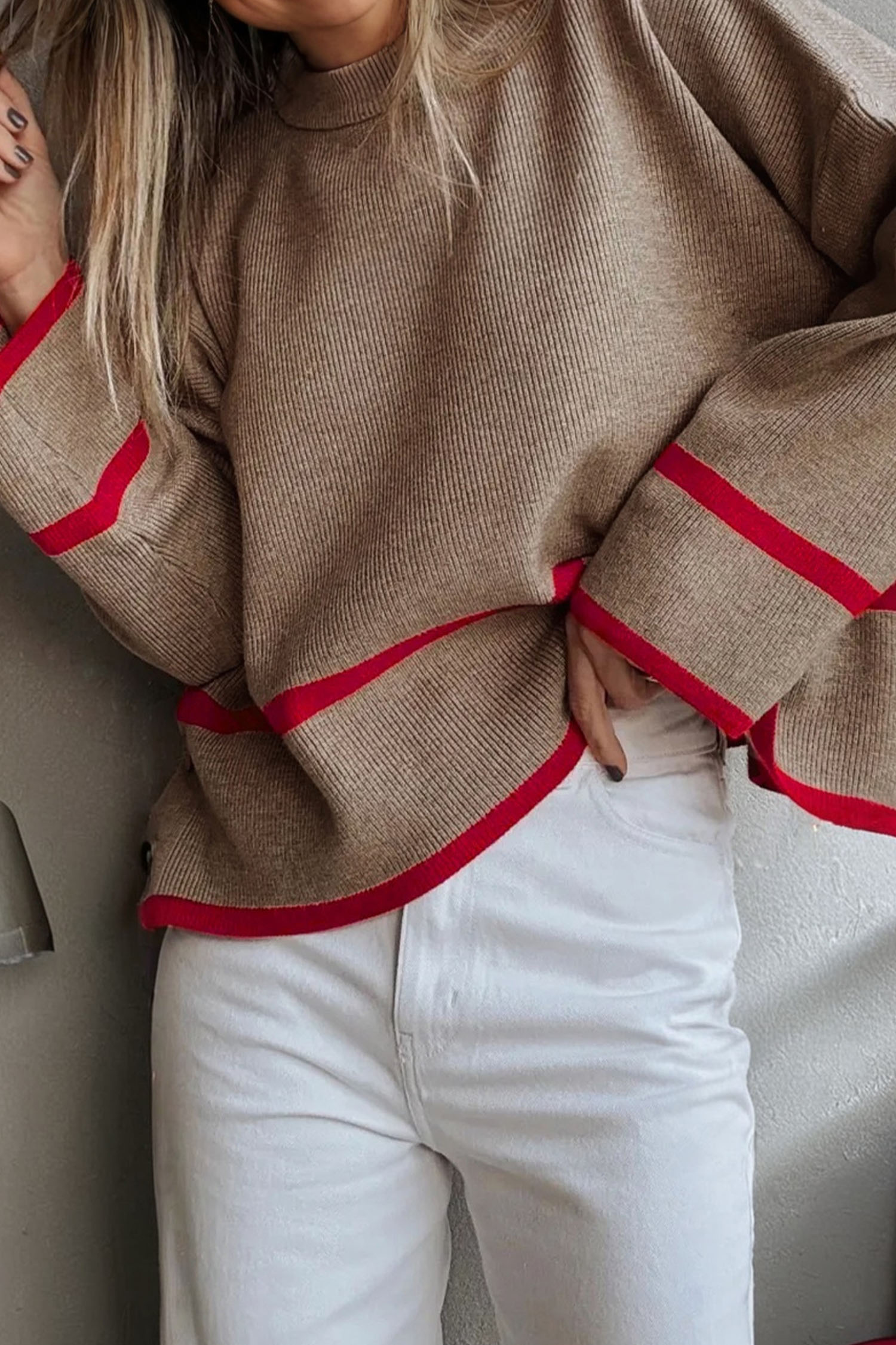 Simply Taupe Ribbed Knit Contrasted Stripe Detail Button Side Loose Sweater