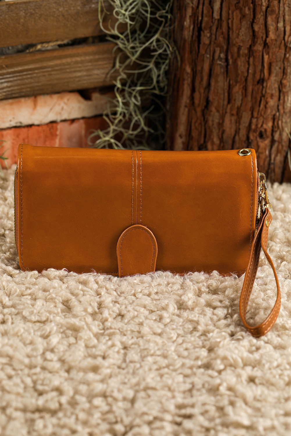 Cinnamon Faux Leather Zip Around Wrist Strap Long Wallet