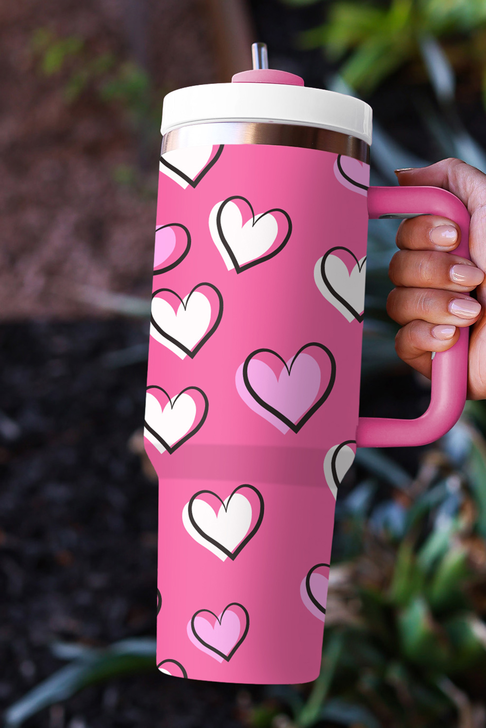 Black Valentines Heart Printed Thermos Cup with Handle 40oz
