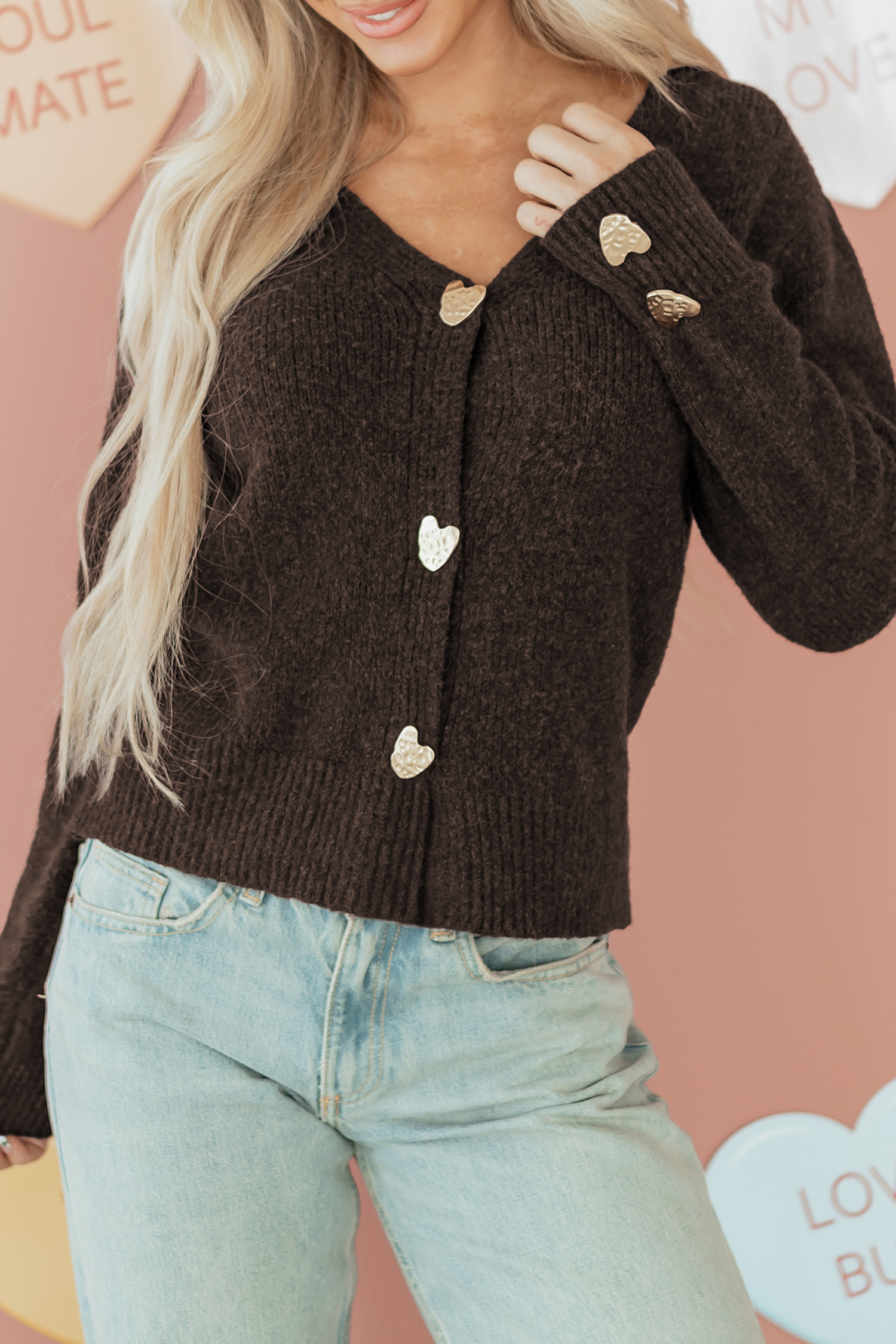 Fiery Red Heart Metal Button V Neck Cardigan Sweater