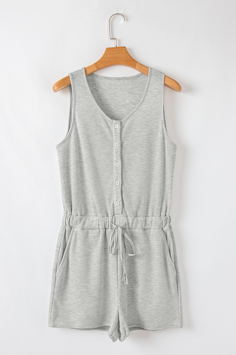 Light Grey Waffle Knit Sleeveless Buttoned Front Drawstring Elastic Waistband Romper