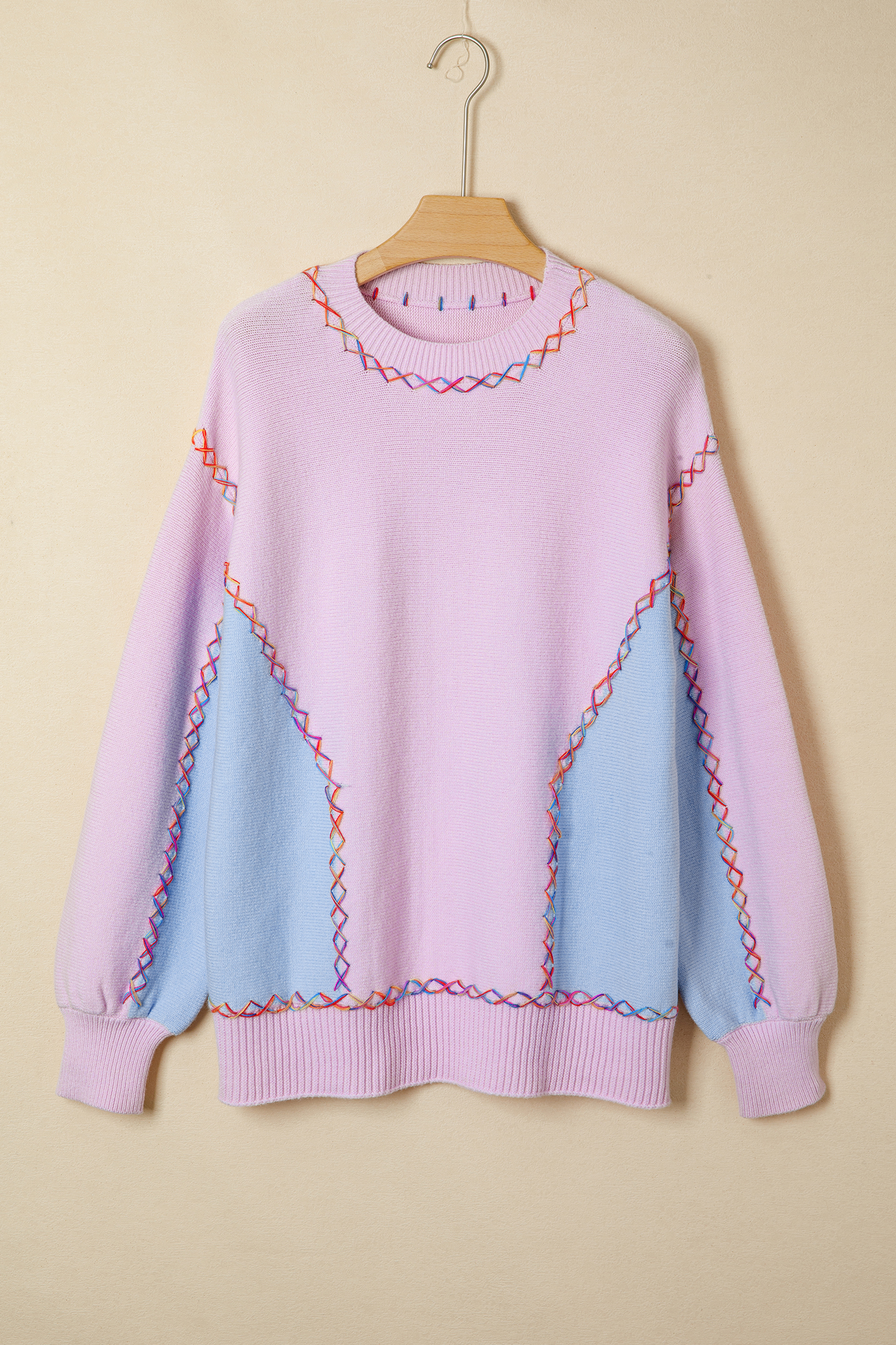 White Rainbow Stitching Balloon Sleeve Relaxed Sweater