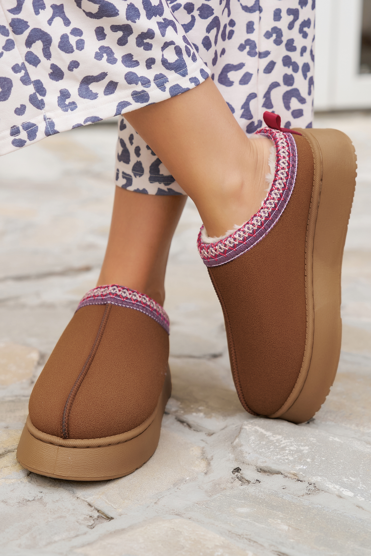 Chestnut Contrast Print Suede Plush Lined Snow Boots