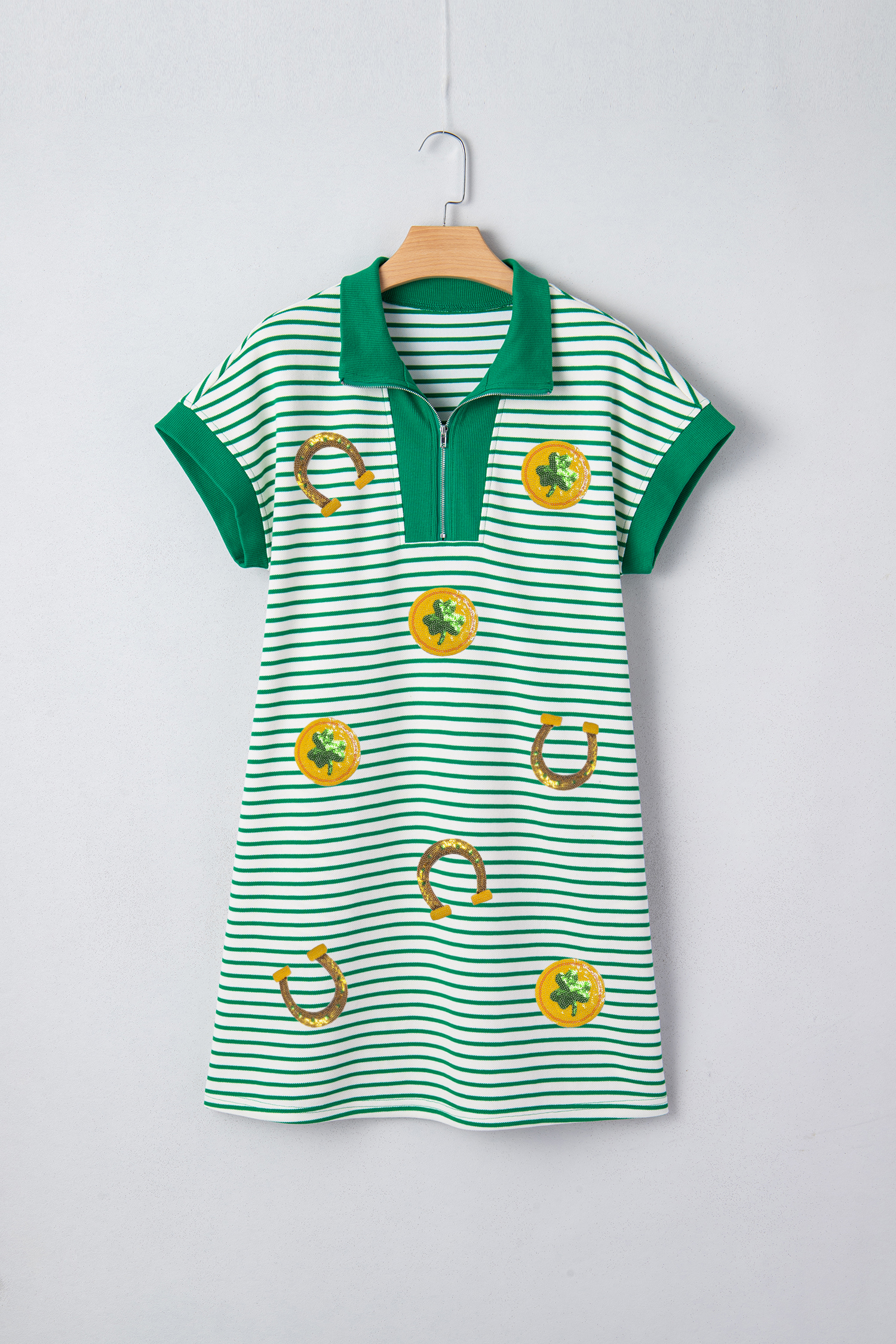 Green Stripe Magic St Patricks Day Sequin Graphic Zip Polo Tee Dress