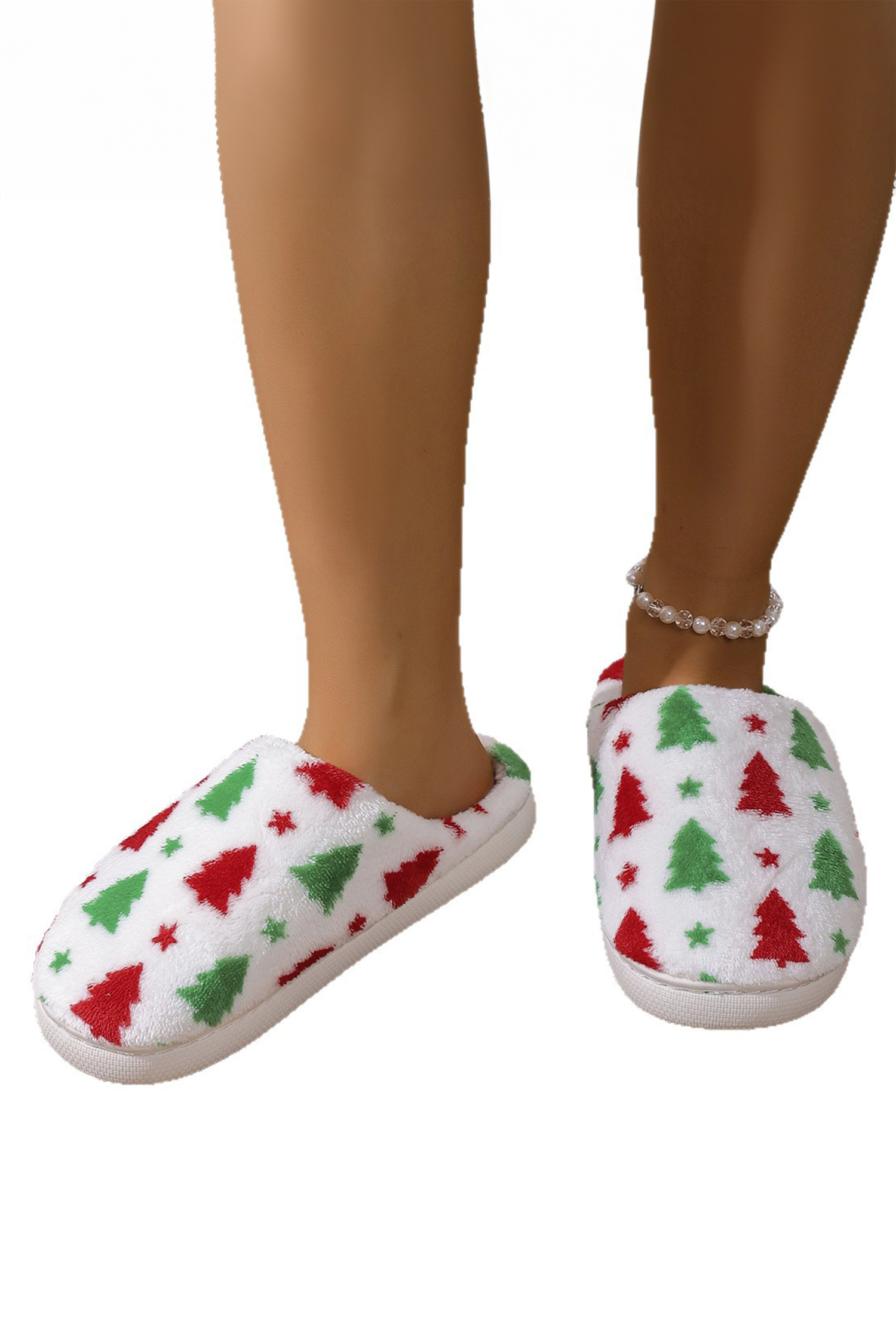 White Christmas Tree Star Printed Plush House Slippers