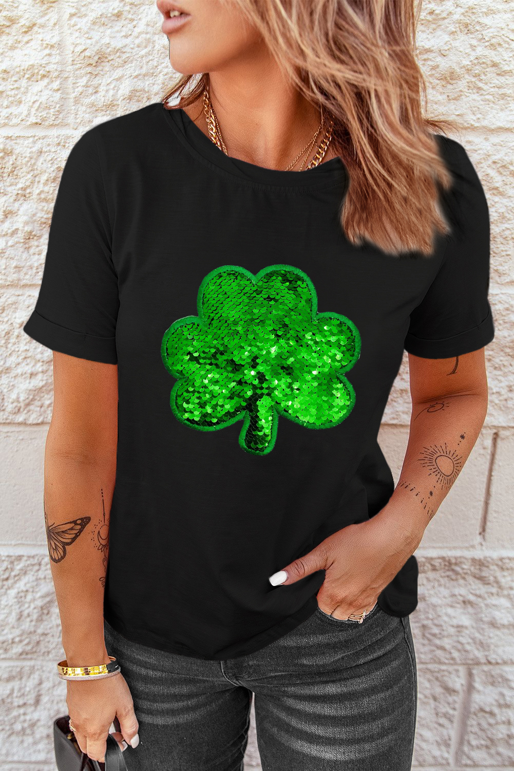 Black St. Patricks Lucky Clover Print O Neck T Shirt