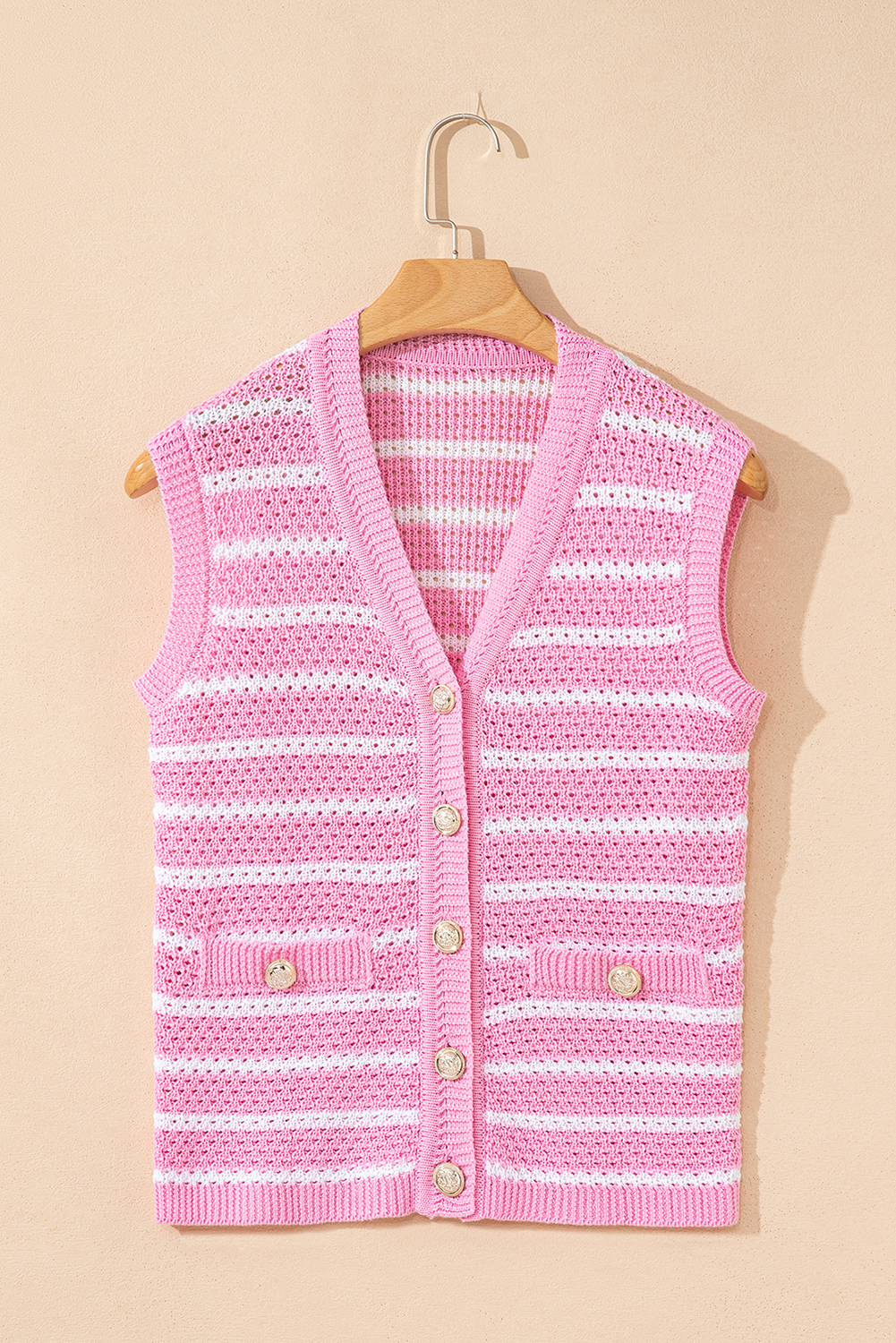 Sky Blue Stripe V Neck Gold Buttons Elegant Sweater Vest