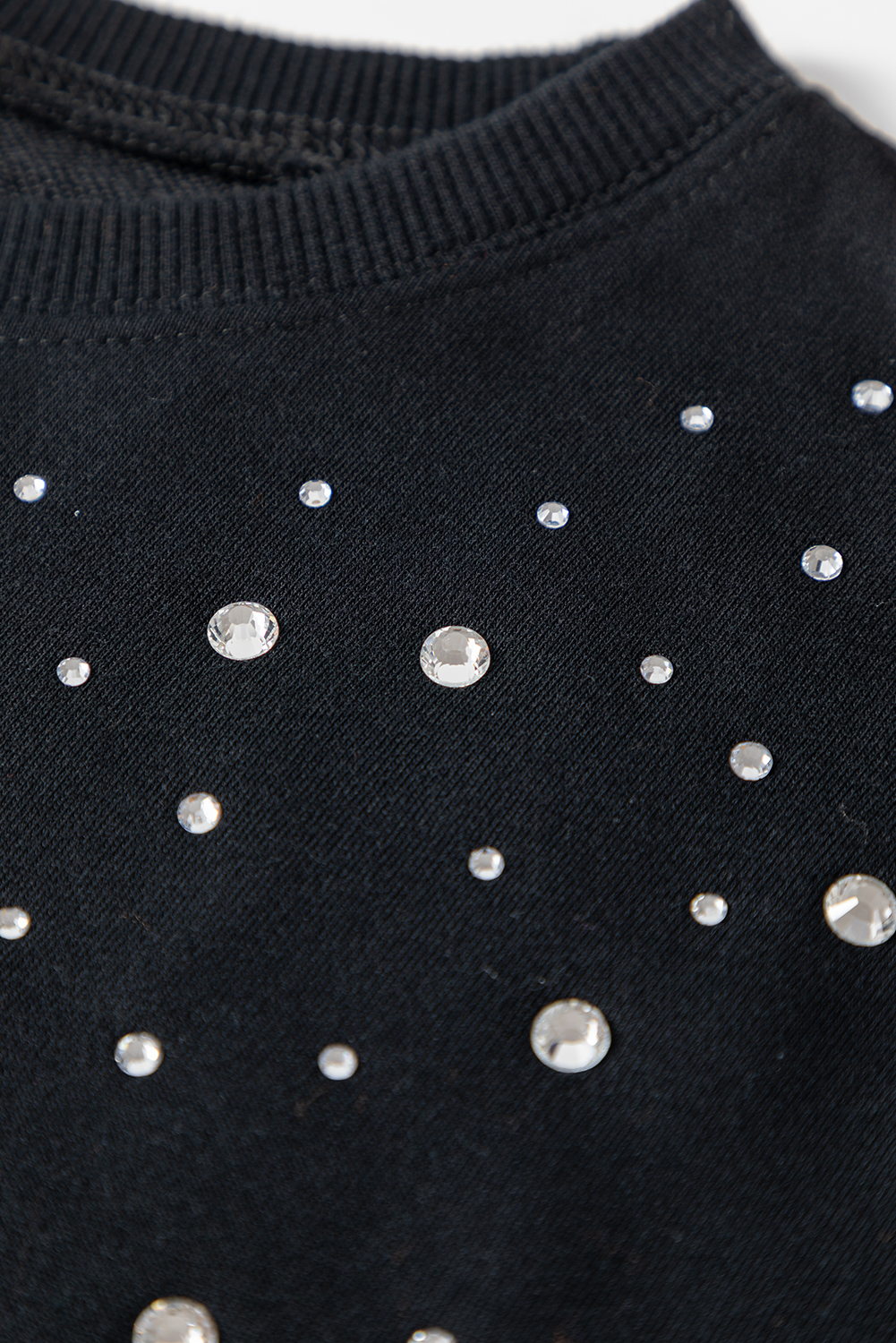 Black Rhinestone Embellished Drop Shoulder Ribbed Cuffs Wholesale Sweatshirt