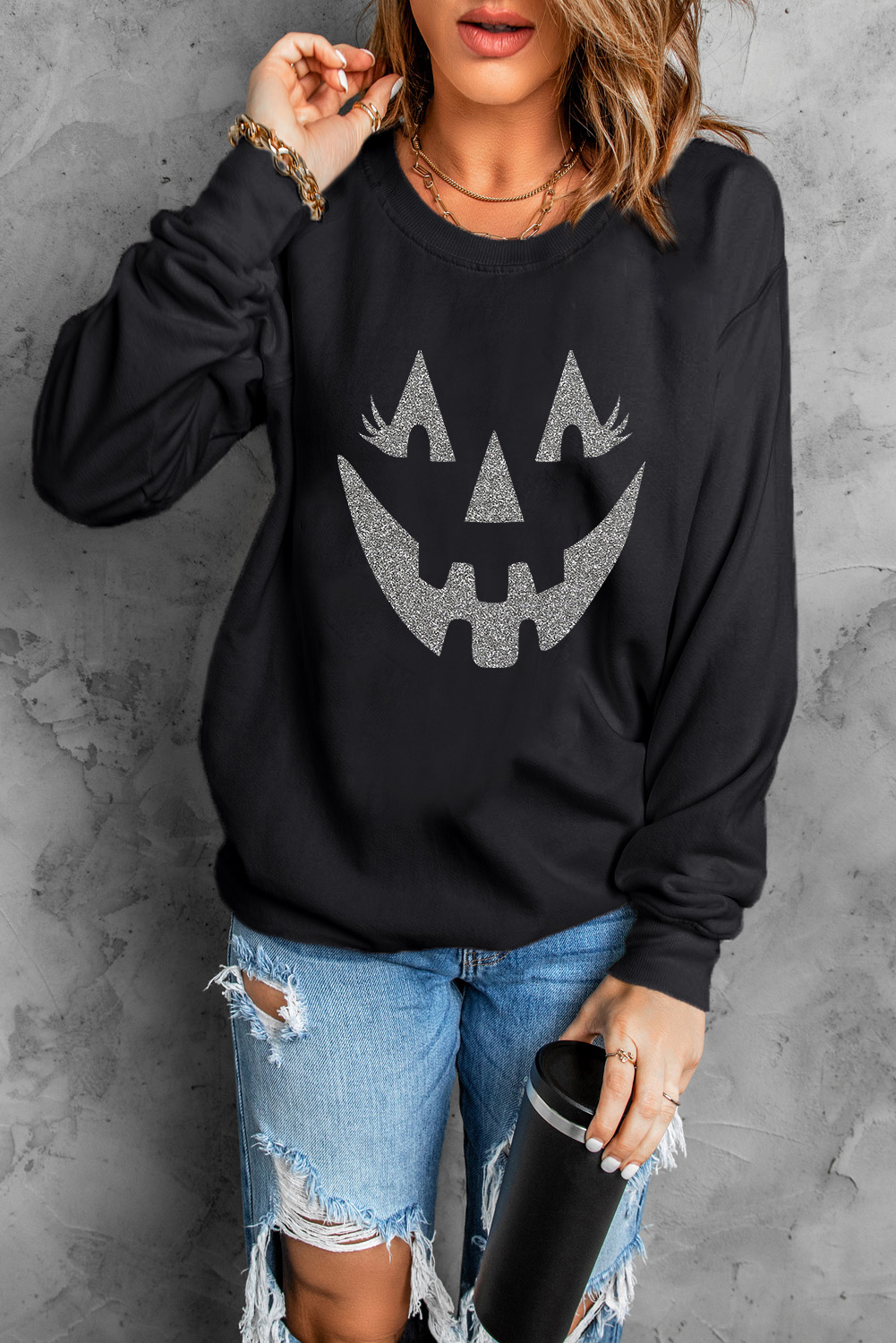 Black Spooky Face Printed Halloween Fashion Baggy Sweatshirt