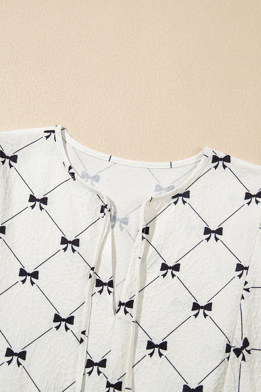 White Bowtie Pattern Textured Puff Half Sleeve Loose Mini Dress