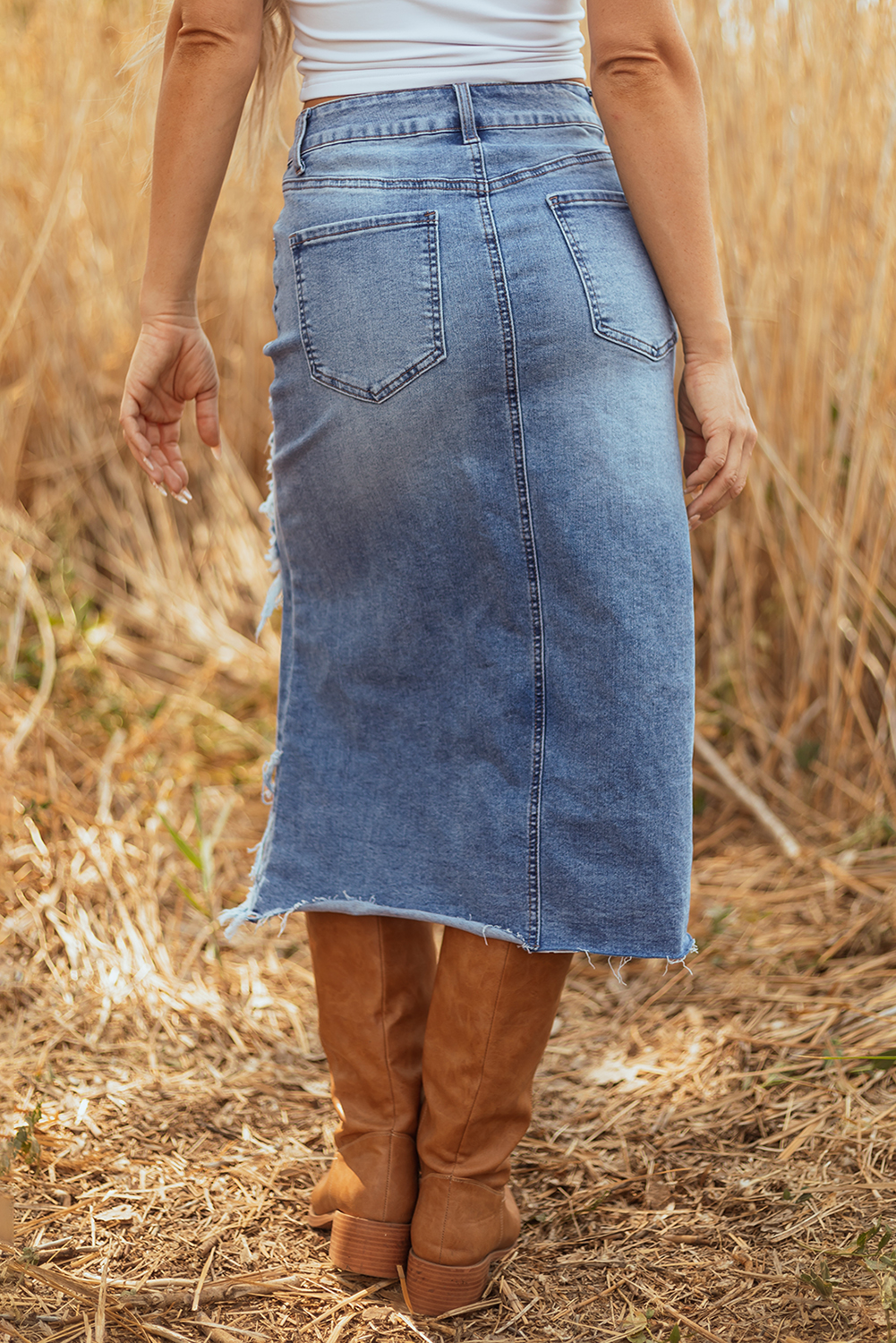 Sail Blue Dearlove Irregular Distressed Bottom Denim Midi Skirt
