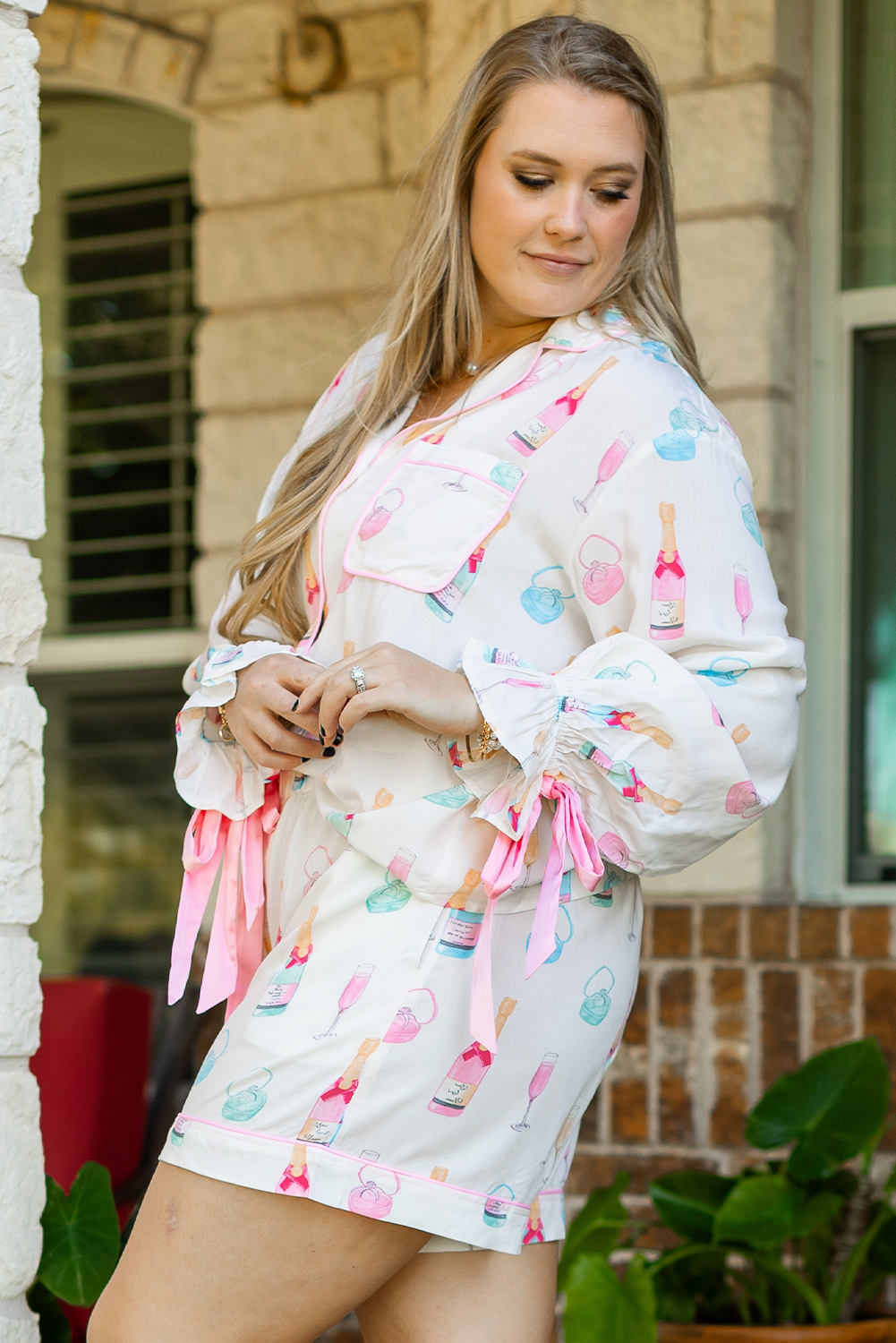 White Christmas Wine Glass Print Bow Knot Two Piece Pajama Set