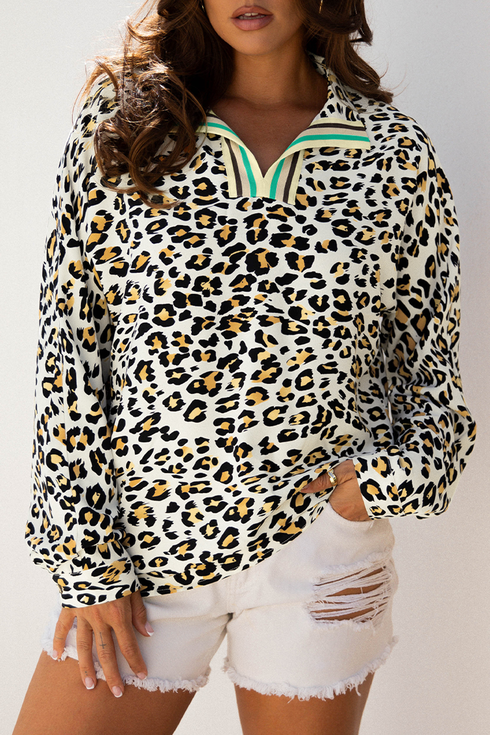 Khaki Leopard Print Contrast Striped V Neck Blouse