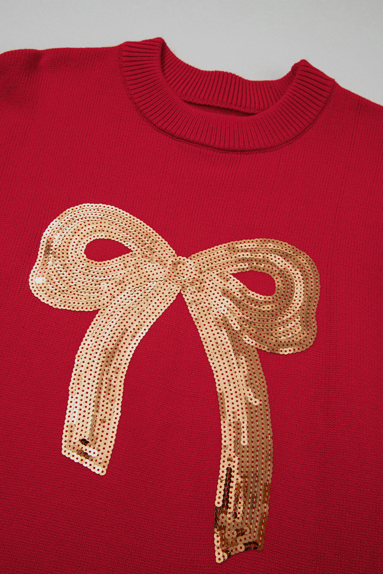 Rose Red Sequined Bow Graphic Christmas Holiday Sweater