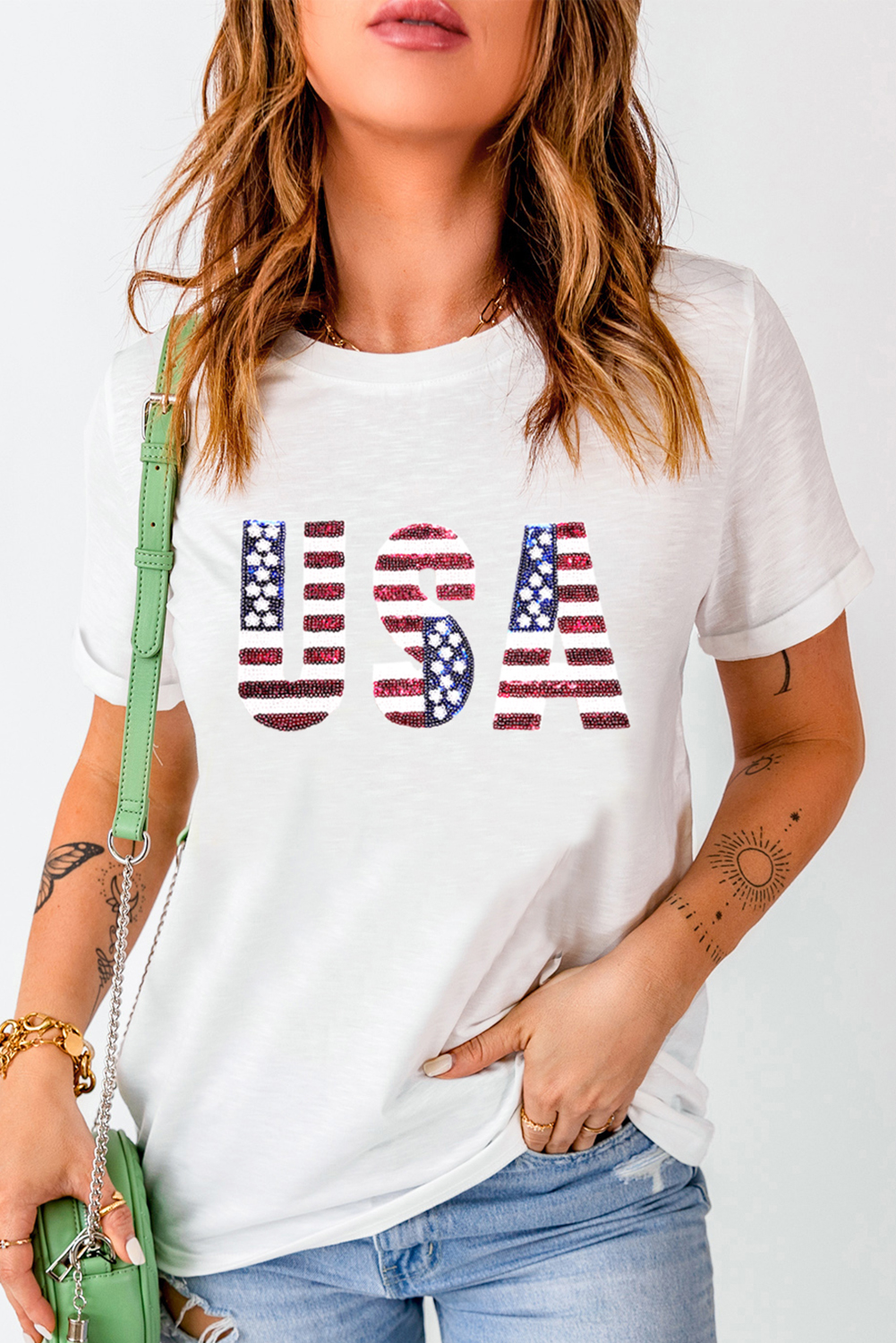 Gray Blooming USA Flag Print Casual T Shirt