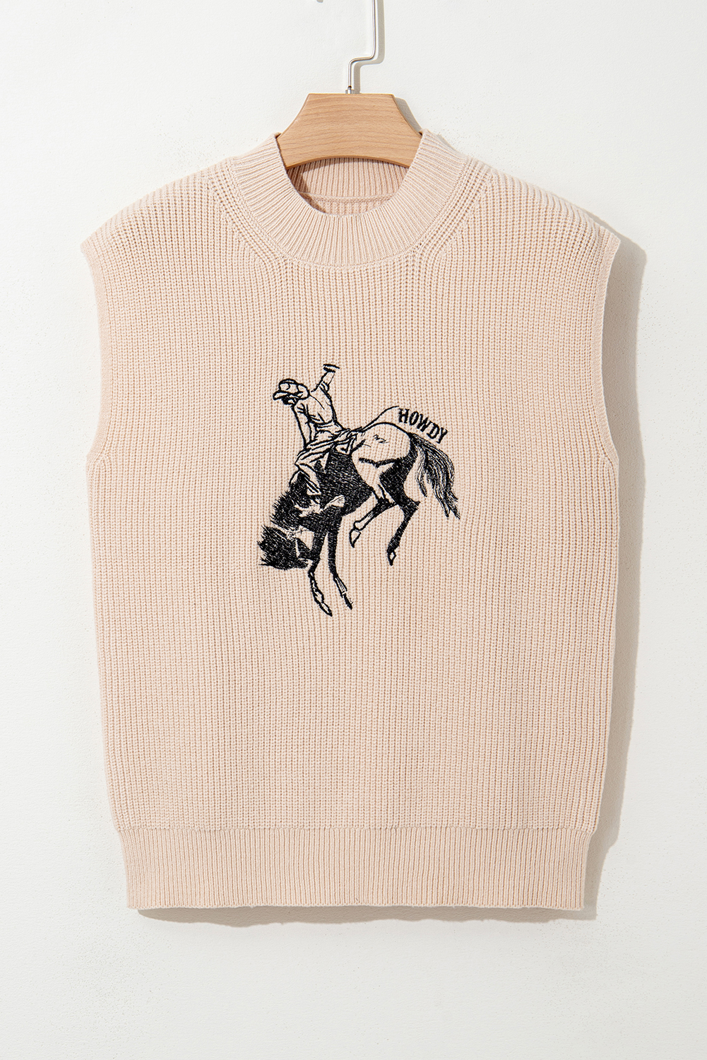 Black Western Cowboy Embroidery Round Neck Sleeveless Sweater