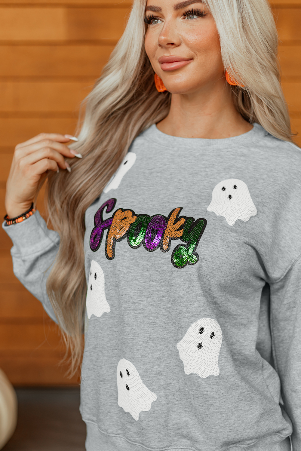 Gray Spooky Halloween Ghost Sequin Patched Sweatshirt