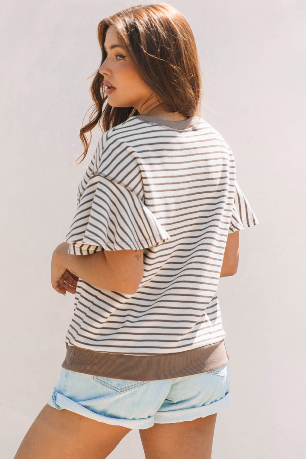 Parchment Sequin Rodeo Patch Pattern Striped Ruffled Sleeve Summer Top