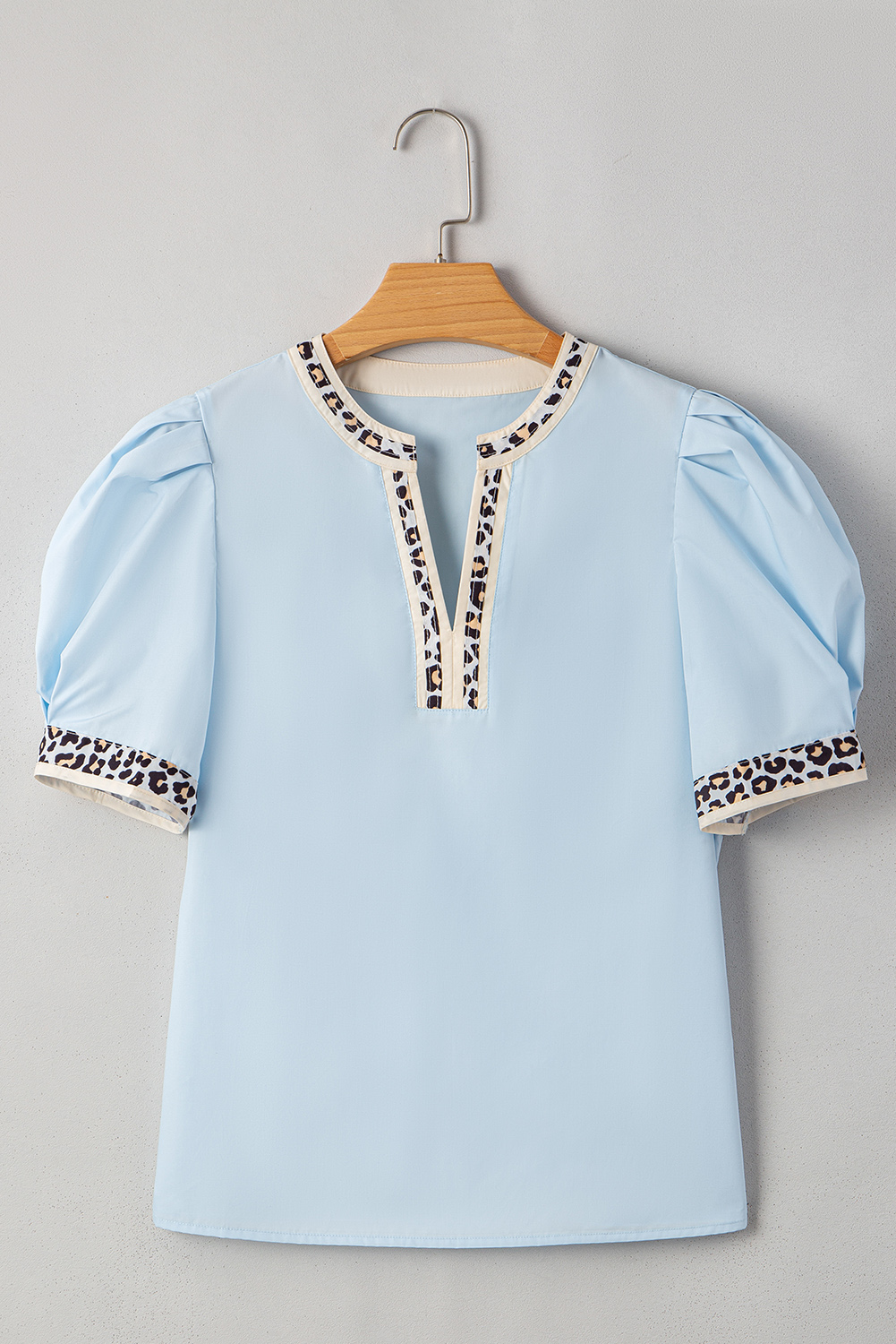 Buckskin Contrast Leopard Trim Split Neck Puff Sleeve Blouse